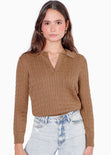Buzo tejido tipo polo color café para mujer - Flashy
