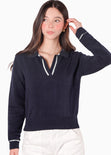 Buzo tejido tipo polo con cuello y puños en contraste color azul para mujer - Flashy