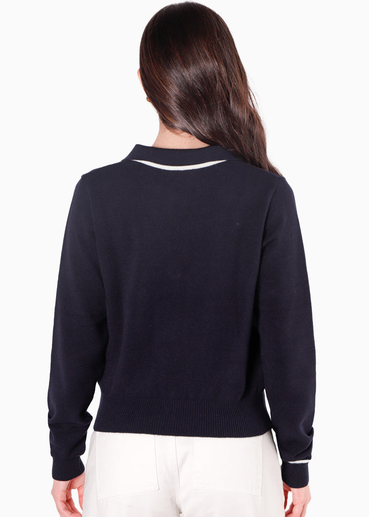 Buzo tejido tipo polo con cuello y puños en contraste color azul para mujer - Flashy