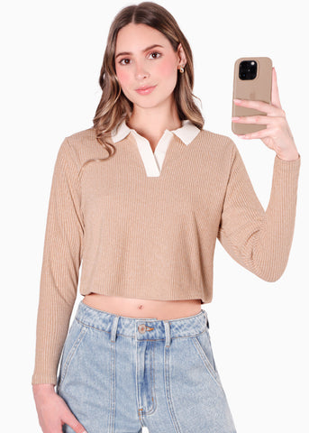 Buzo tipo polo con cuello en contraste color blanco, marfil para mujer - Flashy
