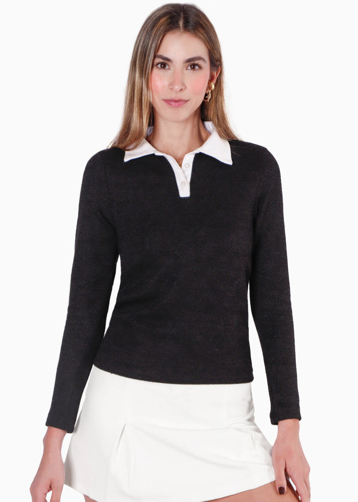 Buzo tipo polo con cuello en contraste color negro para mujer - Flashy