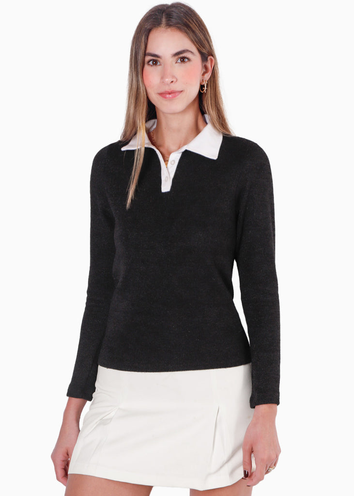 Buzo tipo polo con cuello en contraste color negro para mujer - Flashy