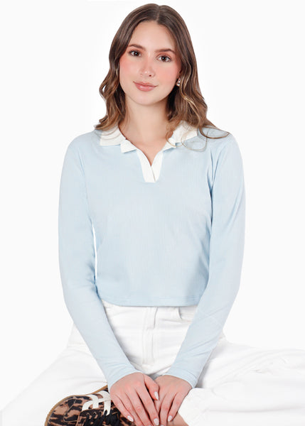 Buzo tipo polo con cuello en contraste - KIMORA.AZUL
