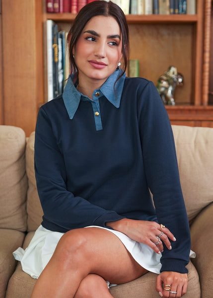 Buzo tipo polo con cuello y perilla en contraste color azul para mujer - Flashy