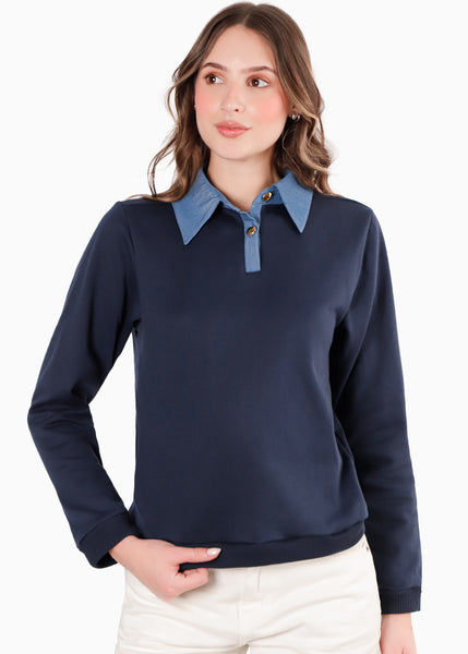 Buzo tipo polo con cuello y perilla en contraste color azul para mujer - Flashy