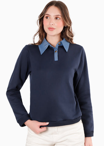 Buzo tipo polo con cuello y perilla en contraste color azul para mujer - Flashy