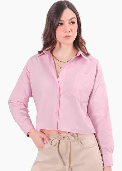 Camisa corta manga larga de cuello y perilla bordado en bolsillo - COLORADO.ROSA