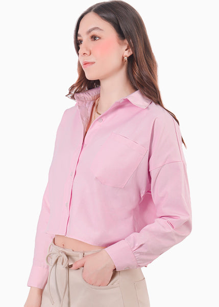 Camisa corta manga larga de cuello y perilla bordado en bolsillo - COLORADO.ROSA
