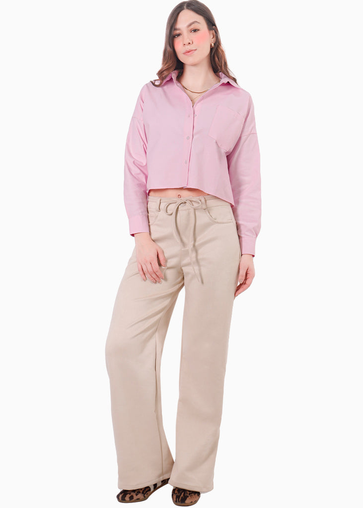 Camisa corta manga larga de cuello y perilla bordado en bolsillo - COLORADO.ROSA