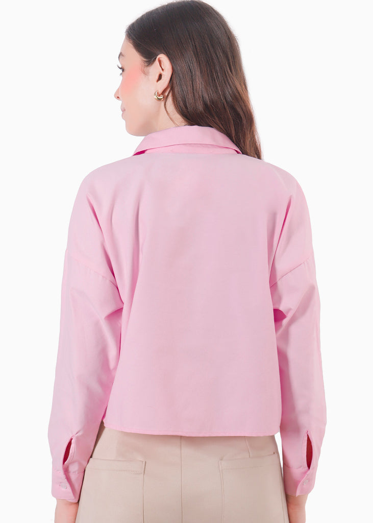 Camisa corta manga larga de cuello y perilla bordado en bolsillo - COLORADO.ROSA