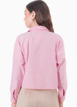 Camisa corta manga larga de cuello y perilla bordado en bolsillo - COLORADO.ROSA