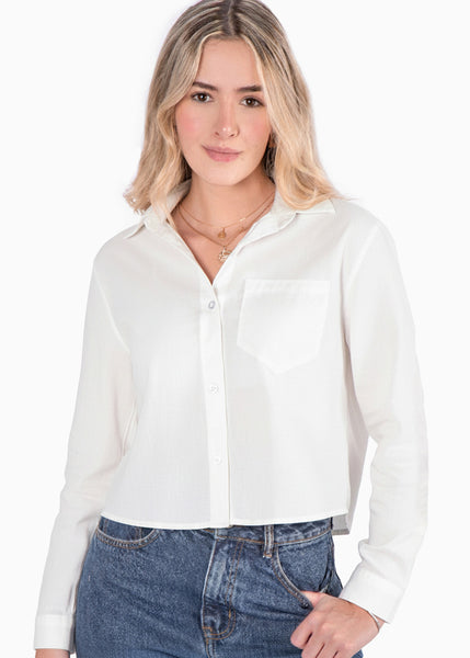 Camisa corta manga larga de cuello y perilla bordado en bolsillo - COLORADO