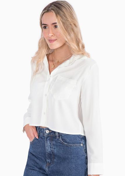 Camisa corta manga larga de cuello y perilla bordado en bolsillo - COLORADO