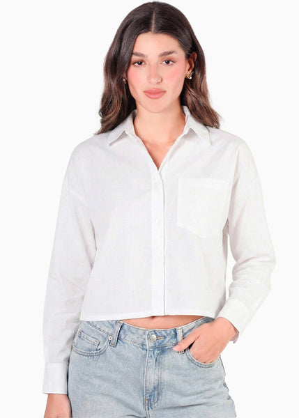 Camisa corta manga larga de cuello y perilla bordado en bolsillo - COLORADO