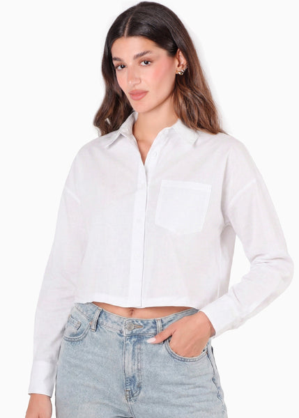 Camisa corta manga larga de cuello y perilla bordado en bolsillo - COLORADO