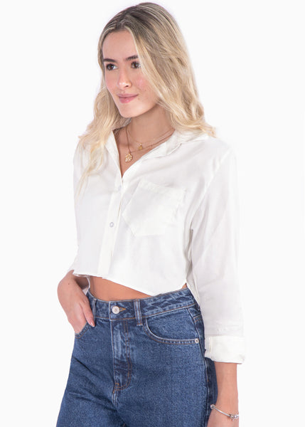 Camisa crop manga larga con botones color blanco, marfil para mujer - Flashy