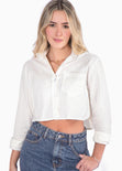 Camisa crop manga larga con botones color blanco, marfil para mujer - Flashy