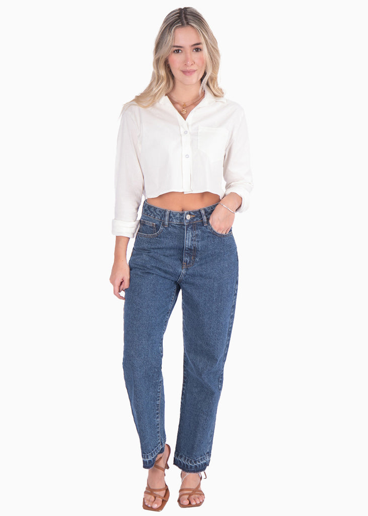 Camisa crop manga larga con botones color blanco, marfil para mujer - Flashy