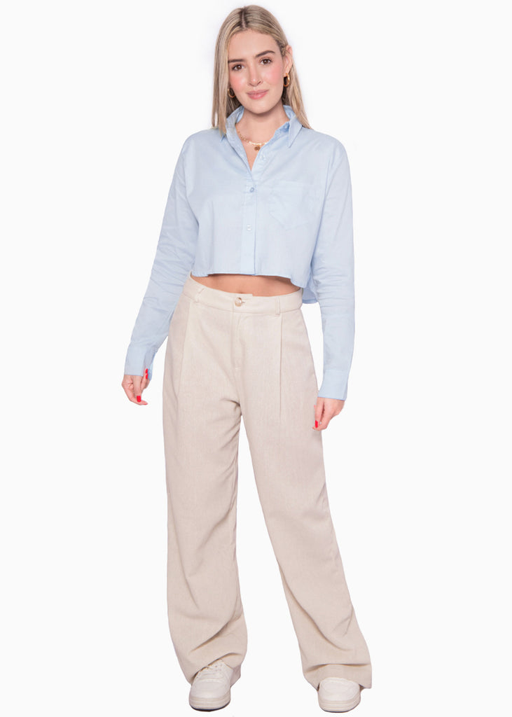 Camisa crop manga larga con botones color azul para mujer - Flashy