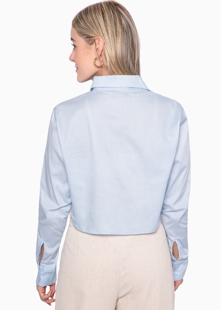 Camisa crop manga larga con botones color azul para mujer - Flashy