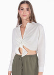 Camisa crop manga larga con botones y anudado color marfil, blanco para mujer - Flashy