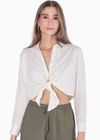 Camisa crop manga larga con botones y anudado color marfil, blanco para mujer - Flashy