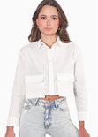 Camisa crop manga larga con botones y bolsillos tipo cargo color blanco, marfil para mujer - Flashy