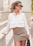 Camisa crop manga larga con botones y bolsillos tipo cargo color blanco, marfil para mujer - Flashy