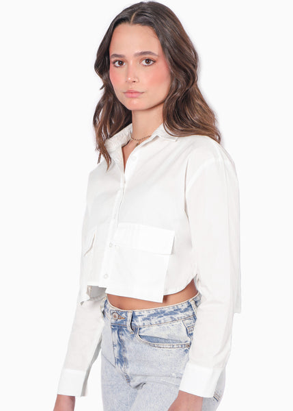 Camisa crop manga larga con botones y bolsillos tipo cargo  para mujer - Flashy