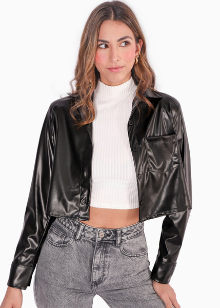 Camisa crop manga larga con botones y efecto cuero  para mujer - Flashy