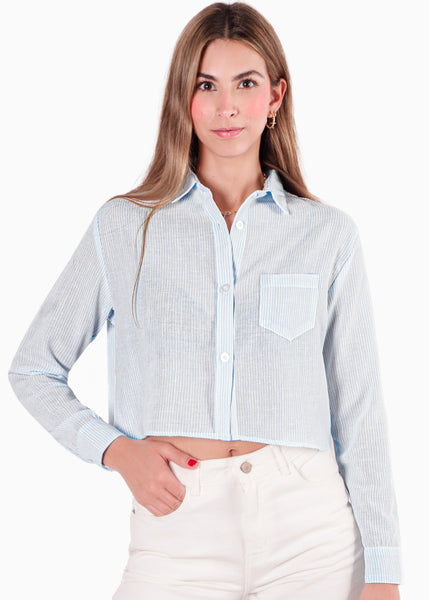 Camisa crop manga larga con botones y perilla color azul para mujer - Flashy