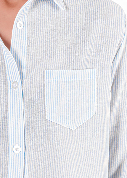 Camisa crop manga larga con botones y perilla color azul para mujer - Flashy