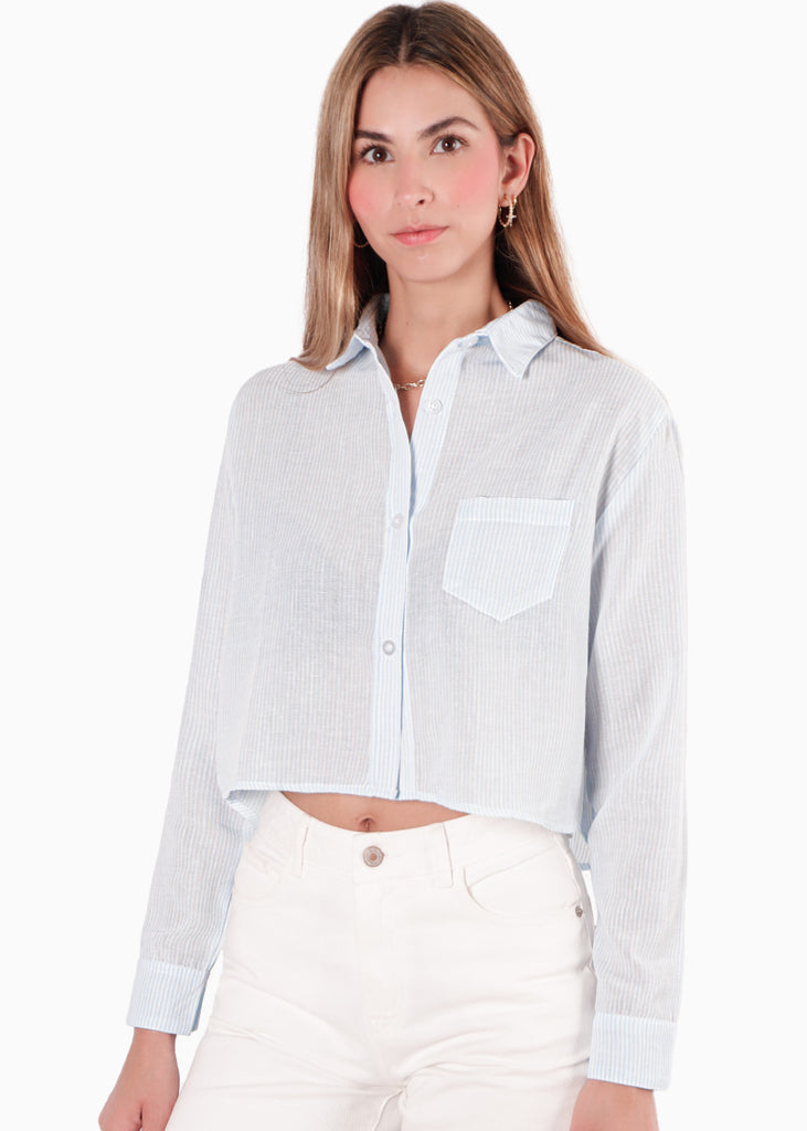 Camisa crop manga larga con botones y perilla color azul para mujer - Flashy
