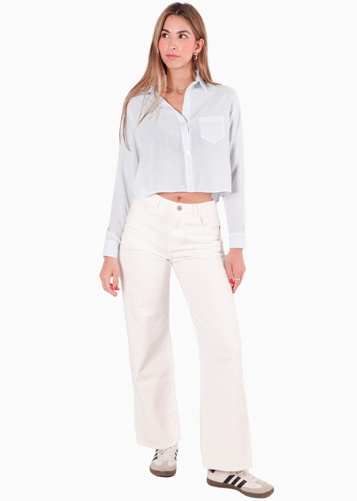 Camisa crop manga larga con botones y perilla color azul para mujer - Flashy