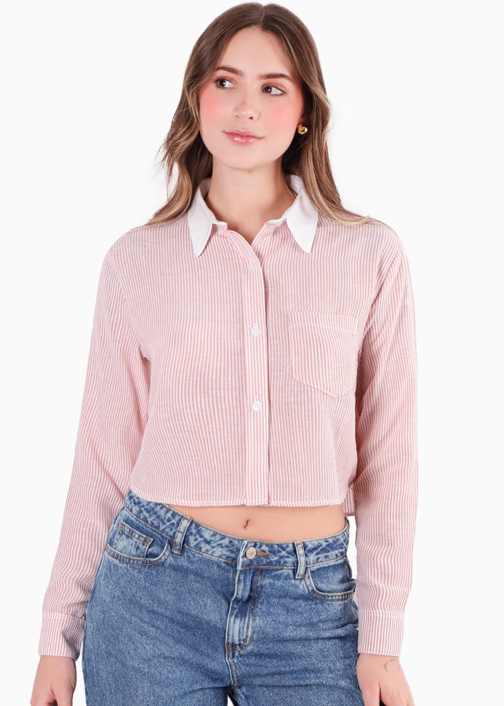 Camisa crop manga larga con botones y perilla color rosado para mujer - Flashy