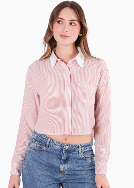Camisa crop manga larga con botones y perilla color rosado para mujer - Flashy