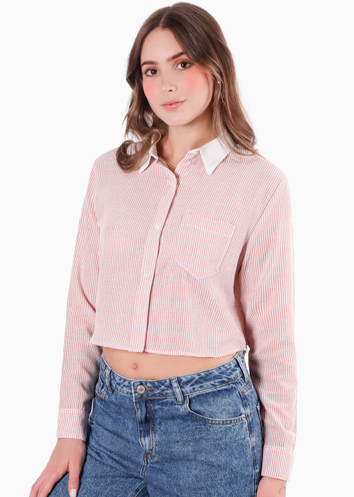 Camisa crop manga larga con botones y perilla color rosado para mujer - Flashy