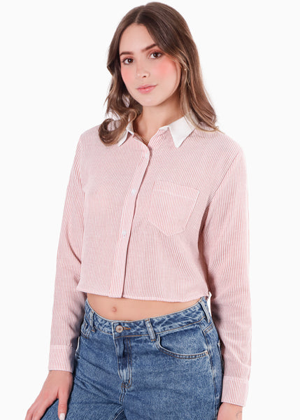 Camisa crop manga larga con botones y perilla color rosado para mujer - Flashy
