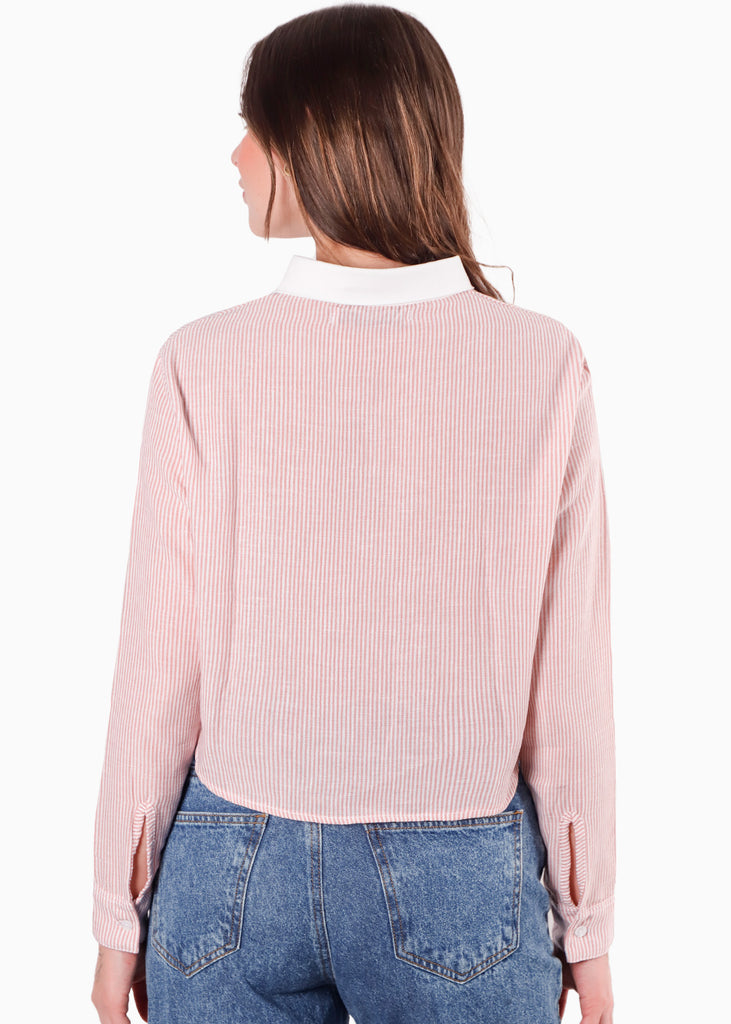 Camisa crop manga larga con botones y perilla color rosado para mujer - Flashy