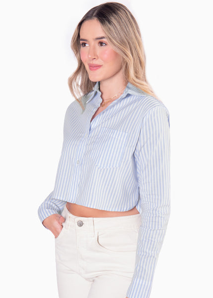 Camisa crop manga larga con botones y rayas color azul para mujer - Flashy