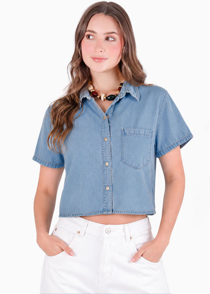 Camisa de botones manga corta de color azul - AREQUIPA