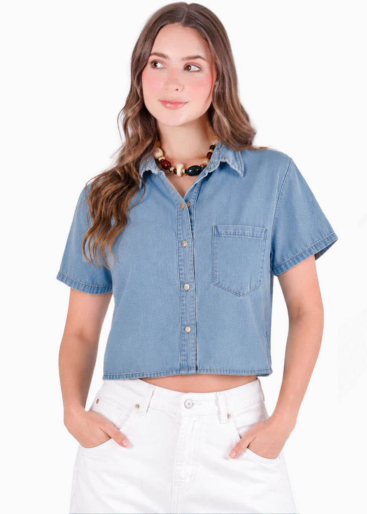 Camisa de botones manga corta de color azul - AREQUIPA