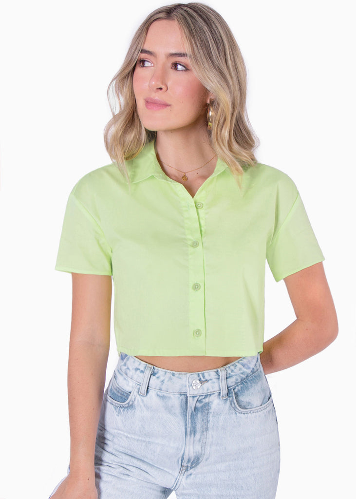 Camisa de botones manga corta color verde para mujer - Flashy