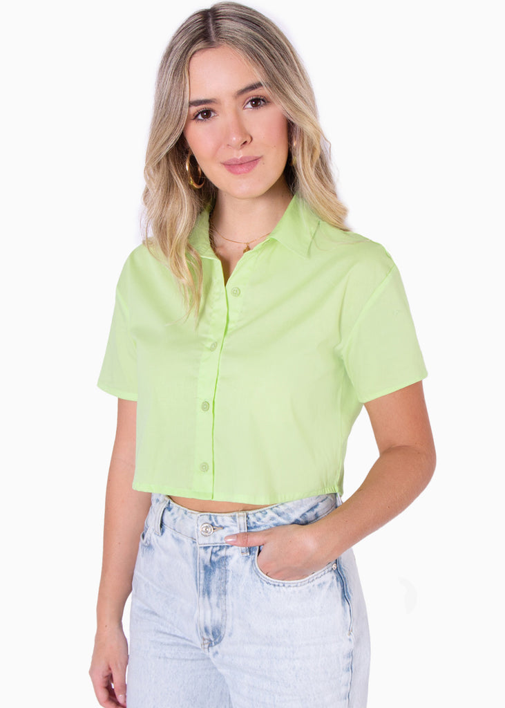 Camisa de botones manga corta color verde para mujer - Flashy