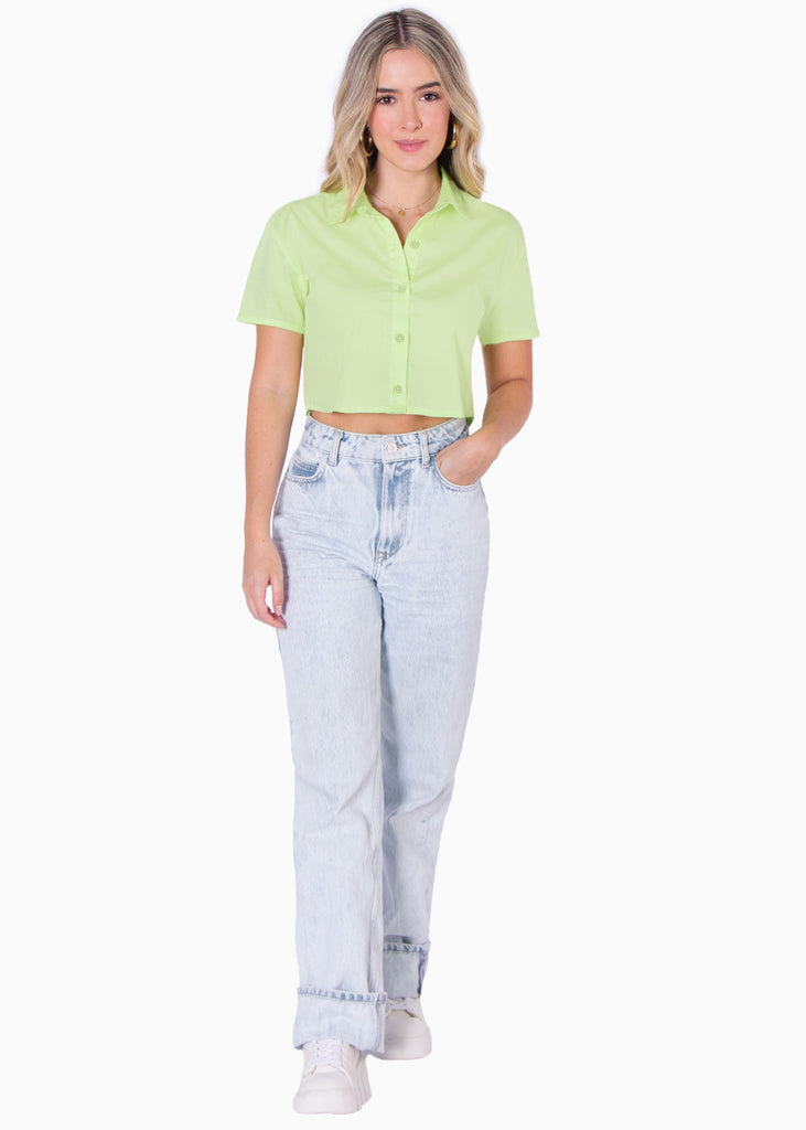 Camisa de botones manga corta color verde para mujer - Flashy