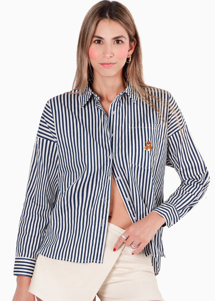 Camisa estampada de rayas con bordados en bolsillo color azul para mujer - Flashy