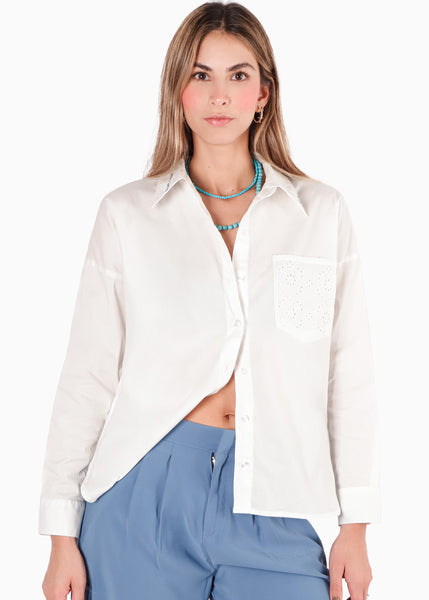 Camisa manga larga con botones, cuello y bordado color blanco, marfil para mujer - Flashy