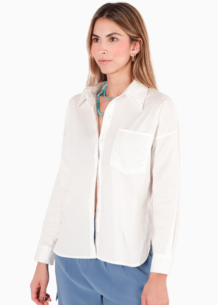 Camisa manga larga con botones, cuello y bordado color blanco, marfil para mujer - Flashy