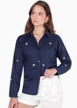 Camisa manga larga con botones y bordado de estrellas color azul para mujer - Flashy