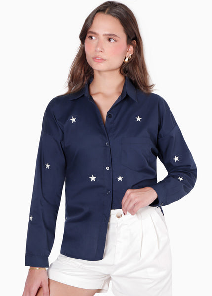 Camisa manga larga con botones y bordado de estrellas color azul para mujer - Flashy